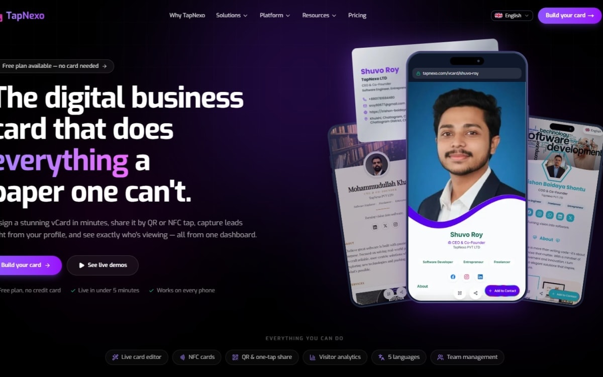 TapNexo — Digital vCard & NFC Business Card Platform preview
